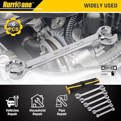 HURRICANE Flare Nut Wrench Set, SAE 6 Piece Brake Line Wrench Set | 1/4 to 1 Inch, 15 Degree Offset Double Open End, Organizer Pouch, Fuel Tube Repair