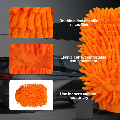 Ziciner Premium Microfiber Wash Mitt, Soft Scratch-Free Double-Sided Chenille Washing Gloves Perfect for Car Washing and Detailing (Orange, Large) - color: Orange