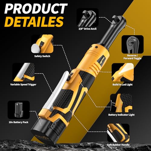FULLYEA Cordless Electric Ratchet Wrench Set, 3/8" 18V Power Ratchet, 550 RPM, Cordless Ratchet Tool Kit with Variable Speed, LED Light, 2 * 2.0Ah Batteries and Fast Charger, Yellow