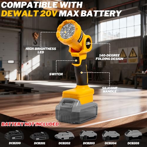 OCHESI Cordless LED Work Light Compatible with Dewalt 20V MAX Battery, 1000LM Handheld Flashlight with Two Levels and 140 Degree Rotating Wide-Angle Lighting for Workshop, Camping (No Battery)