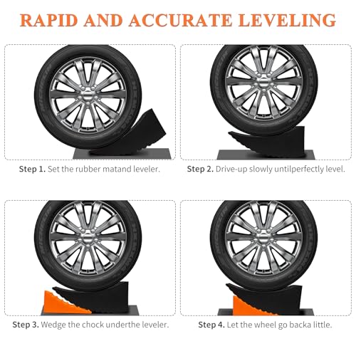 Raised Tire Change Ramp,Large RV Camper Levelers with 6" Lift, Dual Axle Tandem Wheel AidCurved Design for Tire Change of RV/Camper/Travel Trailer with Chocks, Anti-Slip Mats, Carrying Bag,(1 Pack)