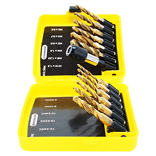 13 Pack Titanium Drill Tap Bit Set, SAE Metric Tap Drill Bits for Metal | Combination Tap Drill Bits for Drilling, Tapping, Deburring and Countersinking Screw Thread with Quick Change Bit Holder