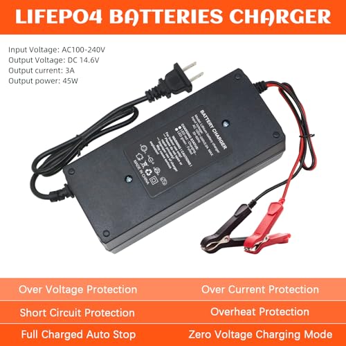 12V 3A Lithium Battery Charger 14.6V LiFePO4 Battery Charger, Battery Maintainer, Smart Charger with LED Indicator Cooling Fan for 12.8V Lithium Iron Phosphate Battery