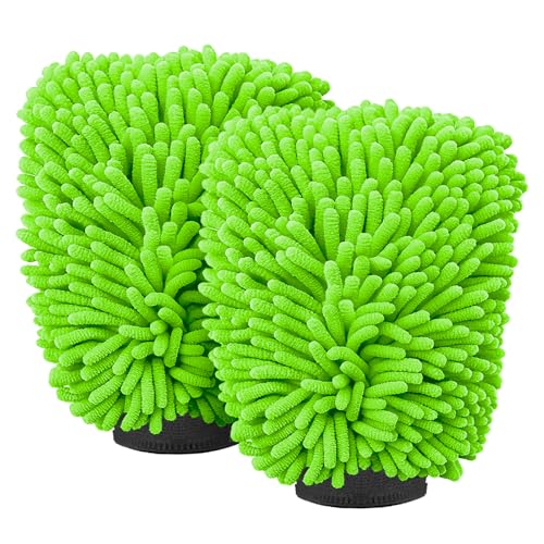 Car Wash Mitt Microfiber, Premium Chenille Microfiber Wash Car Mitts Sponge Scratch Free & Lint-Free, Microfiber Wash Mitts Waterproof Lining 2 Pack Green (8''X12'') - size: XCST_8X12IN_FG_2PCS