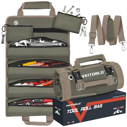 Tool Roll Up Bag, Gifts for Men Dad from Wife Daughter Fathers Day, Portable Tools Box Storage for Men, Heavy Duty Tool Organizer W/Detachable Pouches for Electrician Mechanic Carpenter - style: Roll-Khaki&green