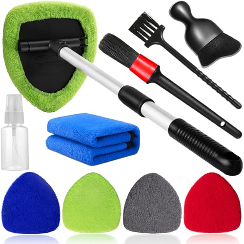 Qydipclin 10pcs Windshield Cleaning Tool Inside Car Window Cleaner Wash Kit with 4 Reusable Microfiber Pads 1 Spray Bottle and Extendable Handle Interior Auto Glass Wiper Kit, Multicolor - color: Blue & Green & Gray & Red