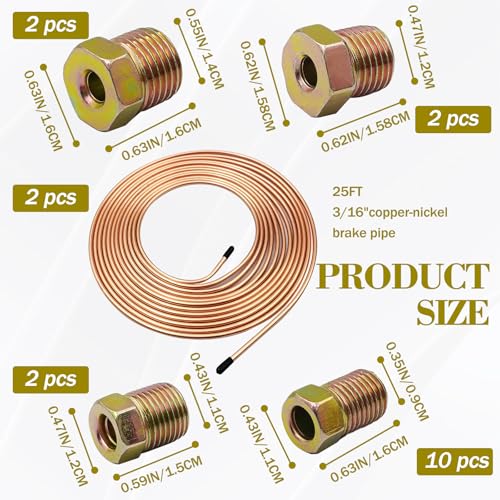 Brake Line Flaring Tool Kit & 25Ft 1/4" 3/16" Copper Plated Brake Line Kit, 32 Pcs Inverted Flare Fittings, Double & Single Flaring Tool for Brake Line Repair