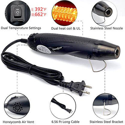 Mini Heat Gun + Reflector Nozzles Kit 350W Fast Heat Hot Air Gun Overload Protection 2 Temp Setting 392°F-662°F & 6.6Ft Long Cable for Craft Shrink WrappingTubing Stripping Paint
