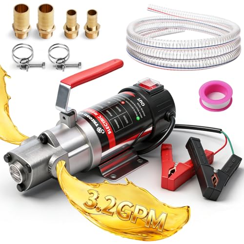 24V Heavy-Duty Gear Pump, 3.2 GPM High Flow Oil Change Pump with Steel Wire Hose, Oil Transfer Pump for Viscous Liquids, Fluid Transfer in Mechanical Equipment for Home Business Farm Boat