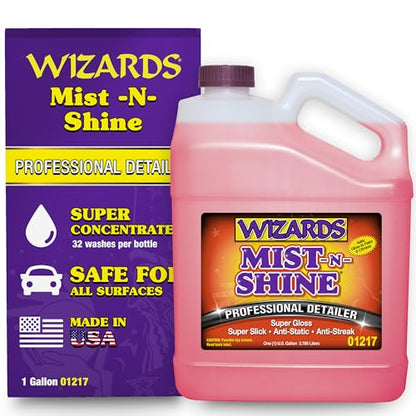 Wizards Mist-N-Shine Quick Detailer Spray - Waterless Wash - 1 Gallon | Anti-Static Formula for Paint, Chrome, Glass, Plastic, and Rubber Trim, Wax-Free, No Petroleum Solvents, Cars, Bikes, Boats - size: 128 Fl Oz (Pack of 1)