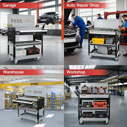 AIRAJ 3-Tier Rolling Tool Cart on Wheel,440LBS Heavy Duty Tool Storage Cart | Metal Rolling Tool Cart with 360° Casters,Lockable Drawer&Pegboard,Industrial Tool Organizer Cart with Trays&Hooks for Garage