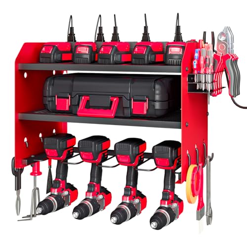 Wall Mount Power Tool Organizer with Charging Station, Red Drill Holder | Garage Wall Mount Tool Charging Station, Workshop Metal Cordless Tool Organizer, Drill Battery Storage Rack with 8 Outlets - color: Red