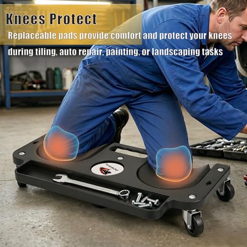 Rolling Knee Creeper/Pads with Swivel Castors, Tool Tray, High-Impact Frame | Built-in Tool Tray; Cushioned Pads; ABS Frame; Applications(Auto Shop/Workshop/Flooring/Painting/Landscaping)