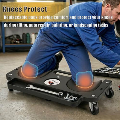 Rolling Knee Creeper/Pads with Swivel Castors, Tool Tray, High-Impact Frame | Built-in Tool Tray; Cushioned Pads; ABS Frame; Applications(Auto Shop/Workshop/Flooring/Painting/Landscaping)