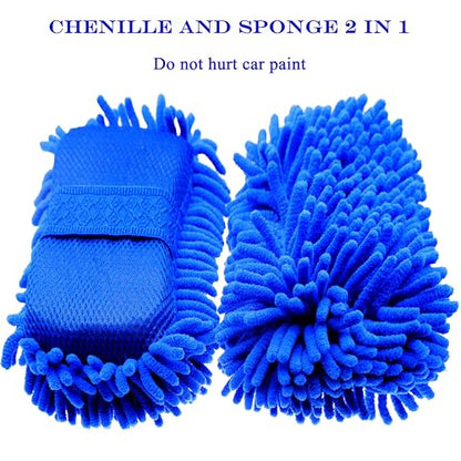 Scratch Free Chenille Microfiber Wash Mitt Car Wash Sponge for SUVs Boats - color: 2 Pack Blue