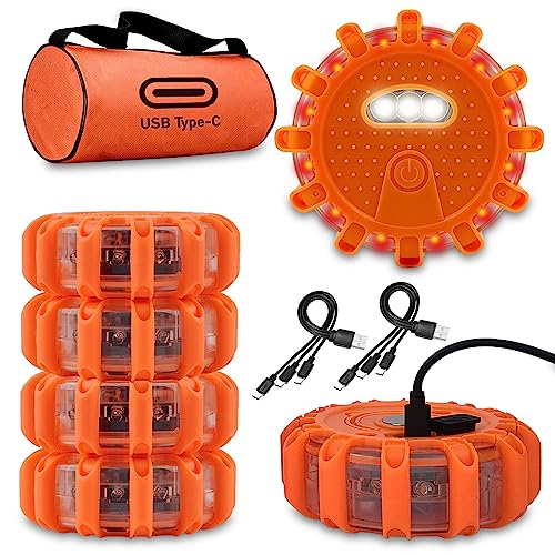 Ecoangel USB-C Rechargeable LED Road Flares Emergency Lights for Vehicles | Large-Size, Waterproof & Crushproof, 9 SOS flash modes, magnetic base, for Vehicles & Boat, USB-C rechargeable, 3 in 1 Cable - color: 6 PACK USB C High Power