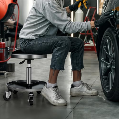 Magshion Adjustable Rolling Mechanic Stool with Wheels – 300 lbs Capacity, Pneumatic Height Adjustment, Padded Seat & Tool Tray for Garage, Shop & Workshop (Black)