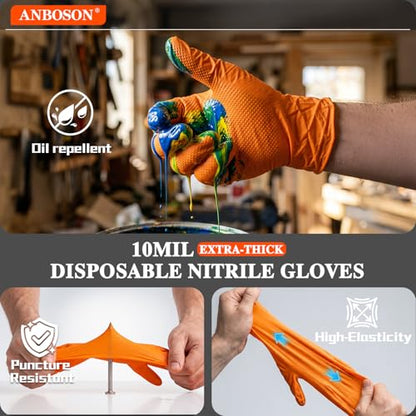 ANBOSON 10mil Nitrile-Gloves Disposable-Orange Chemical-Resistant Rubber - Mechanic Gloves Heavy Duty, Latex Free, Diamond Grip (100, Medium) | Diamond Grip,Latex Free,Chemical Resistant Disposable Thick Rubber Gloves for Auto Repair, Industrial, Food, Wo