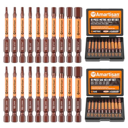 Amartisan 20-Piece Hex Head Allen Wrench Drill Bit Set, Metric and SAE S2 Steel Hex Bits Set, Magnetic Tips, 2.3" Long With Storage box. - style: 20-Piece Hex Bit Set
