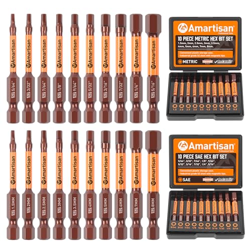 Amartisan 20-Piece Hex Head Allen Wrench Drill Bit Set, Metric and SAE S2 Steel Hex Bits Set, Magnetic Tips, 2.3" Long With Storage box. - style: 20-Piece Hex Bit Set
