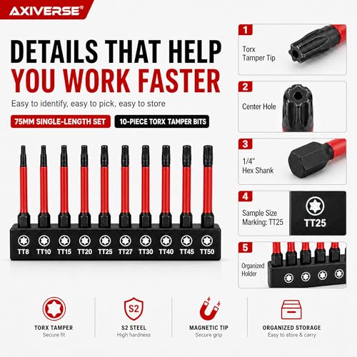 10PCS Security Torx Bit Set TT6-TT40, 3-Inch for Impact Drivers | TT6-TT40 Tamper-Resistant Star Bits, 3 in Long, Magnetic Tips, 1/4 in Hex Shank, Impact-Ready Alloy Steel, Clear Case - size: 3 in