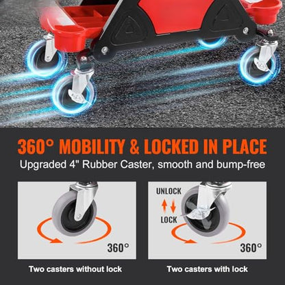 Mechanics Stool, 300 LBS Capacity Rolling Mechanic Seat with 4" Wheels, with Three Slide Out Tool Trays and Drawer, Heavy Duty Roller Creeper Seat for Home Garage DIY Automotive