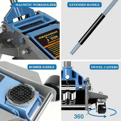 Larbanke 3 Ton Low Profile Floor Jack - Heavy Duty Steel Hydraulic Car Jack with Dual-Piston Rapid Lift Pump, 3.34"-18.5" Lifting Range, Magnetic Parts Tray, Blue - size: 465MM-3T