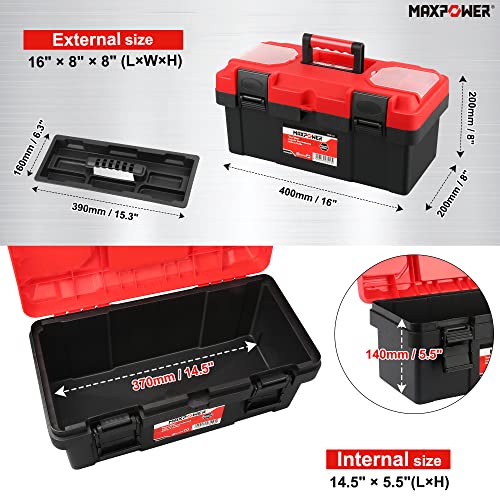 MAXPOWER Tool Box 16 inch, Plastic Small Tool Box with Latch Removable Tray | Lockable Toolbox for Home, Red - size: 16", style: 16" red