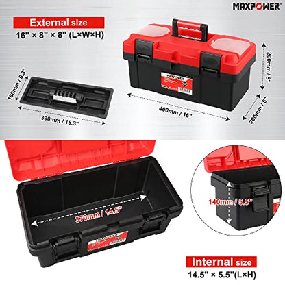 MAXPOWER Tool Box 16 inch, Plastic Small Tool Box with Latch Removable Tray | Lockable Toolbox for Home, Red - size: 16", style: 16" red