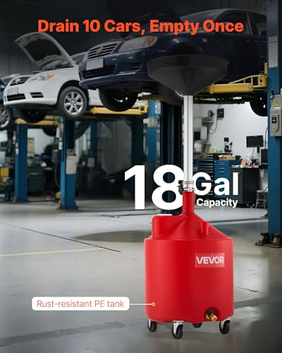 VEVOR 18 Gallon Waste Oil Drain Tank, Industrial Fluid Drain Tank with Adjustable Funnel Height, Portable Oil Drainer with Wheels, Fluid Fuel Transfer Drainage for Auto Repair Shops, Garages, Red - size: 18 Gallon