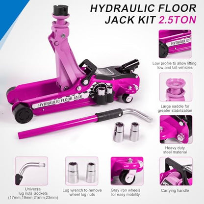 Floor Jack Kit 2.5 Ton (5,500 lbs) | Car Jack - Hydraulic Low Profile Trolley Jack - Tire Tool for SUV and Auto with Lug Wrench Pink - color: Pink