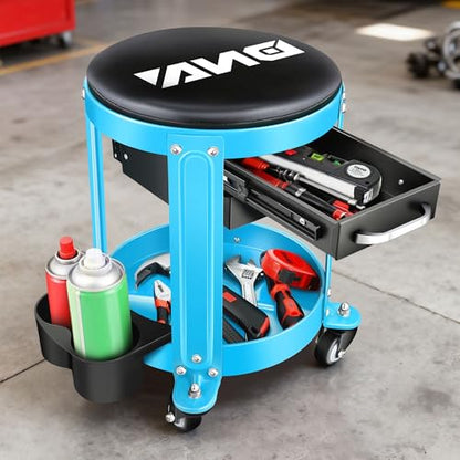 DNA Motoring Round Mechanics Roller Seat Creeper Stool with Padded Cushion, Tool Storage Drawer & Tray, 300 Lbs Max Weight Capacity, Blue, TOOLS-00492 - color: Blue