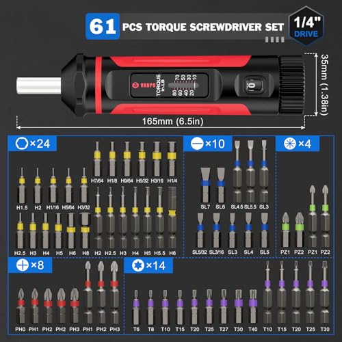 VANPO Torque Screwdriver 10-80 in-lb, 1/4" Drive Precision Driver Set | Inch Pounds Torque Wrench, 60 S2 Steel Bits for Gunsmithing, Bike Repair, Scope Mounting, Maintenance, DIY - size: 10-80In-lb