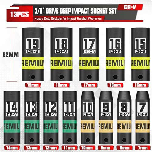 13-Piece 3/8" Drive Deep Impact Socket Set, 7-19mm, CR-V, 6 Point, Heavy-Duty Sockets for Impact Wrenches, Automotive and Home - size: 3/8" 13pcs Metric Deep