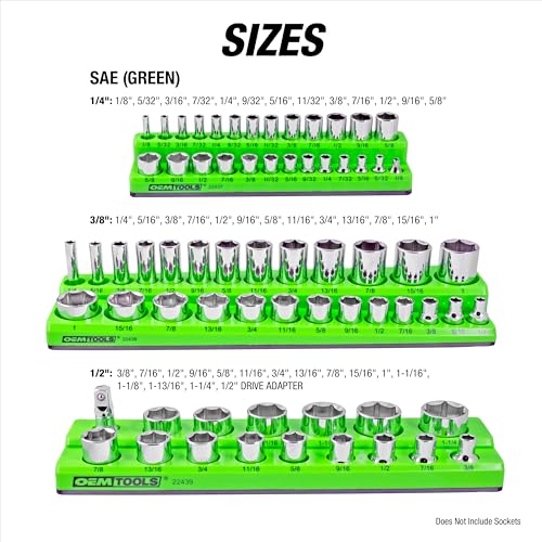 OEMTOOLS 6-Pc Metric & SAE Magnetic Socket Tray Set Holds 143 Sockets | Magnetic Socket Organizer Tray, Non-Marring Rubberized Base, Clearly Marked Sizes, 1/4, 3/8, 1/2 Inch Sockets - style: Green and Blue