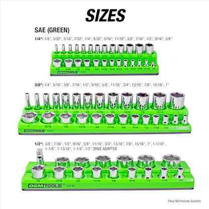 OEMTOOLS 6-Pc Metric & SAE Magnetic Socket Tray Set Holds 143 Sockets | Magnetic Socket Organizer Tray, Non-Marring Rubberized Base, Clearly Marked Sizes, 1/4, 3/8, 1/2 Inch Sockets - style: Green and Blue