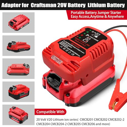 Jump Starter Adapter for Craftsman 20V V20 Li-ion Battery Powered with Jumper Cable Clamps Portable Car Charger Jump Starter(Battery Not Included) - style: For Craftsman