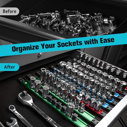 DURATECH Magnetic Socket Organizer Set, 1/4”, 3/8”, 1/2” Aluminum Alloy Socket Rail with 96 Clips, Socket Holder for Tool Box Drawer, Tool Cart and Garage Organization(9PCS) - size: 9PCS