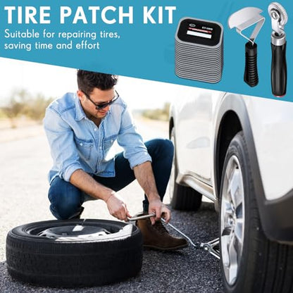 Pushglossy 22 Pieces Tire Repair Patch Tool Kit Including 2.56 x 3.15 Inch Square Rubber Tire Patches, Tire Patch Roller and Inner Liner Scraper for Auto Car Truck Motorcycle Bike Tire Repair Tool