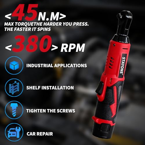 Cordless Electric Ratchet Wrench Set, 3/8" 12V Power Ratchet Tool with 45 N.M Torque, 380 RPM, 2x 2.0Ah Li-Ion Batteries for Auto Repair Home Mechanic