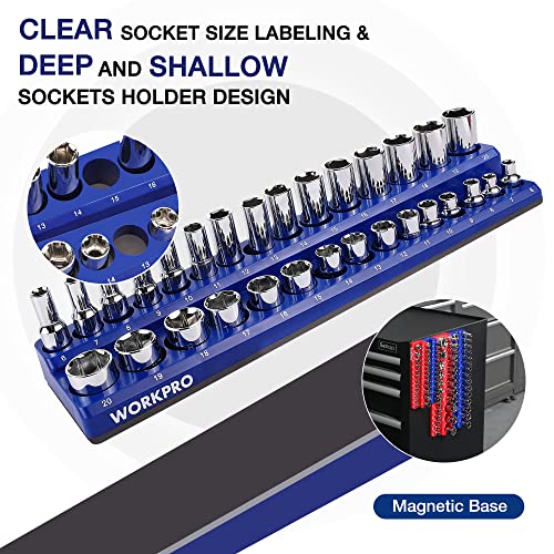 WORKPRO Magnetic Socket Organizer Set, 4-Piece Socket Holder Set Includes 1/4", 3/8" Drive Metric & SAE Socket Trays, Holds 108 Pieces Standard and Deep Size Sockets (Sockets not Included) | 1/4", 3/8", Drive Socket Trays, Holds 108-Piece Sockets, Suitabl