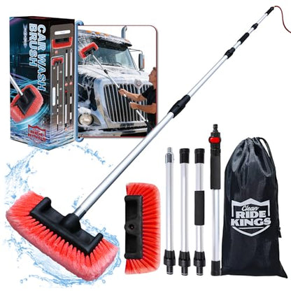65" Car Wash Brush with Long Handle, Red Exterior Car Cleaning Brush with Hose Attachment, Soft Bristle Scrub Brush for Truck, RV, Camper Roof & Solar Panel, Extendable Aluminum Pole (Red) - color: Red