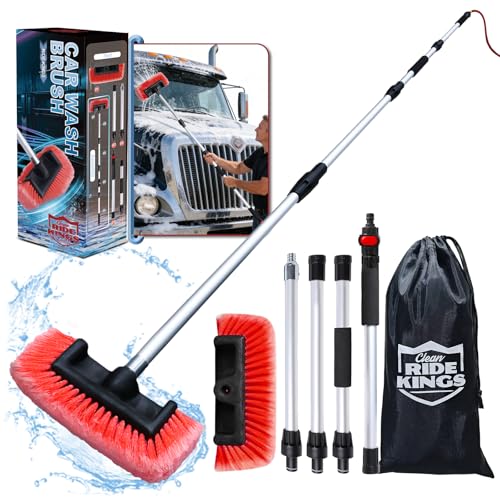 65" Car Wash Brush with Long Handle, Red Exterior Car Cleaning Brush with Hose Attachment, Soft Bristle Scrub Brush for Truck, RV, Camper Roof & Solar Panel, Extendable Aluminum Pole (Red) - color: Red
