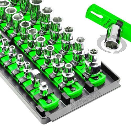 Ernst Manufacturing 8481 Socket Boss 3-Rail Multi-Drive Socket Holder Tray for Toolbox, Twist-Lock Secures Sockets, Green, Clips for SAE, Metric Socket Sets - Made in USA - color: Green, style: 18-Inch