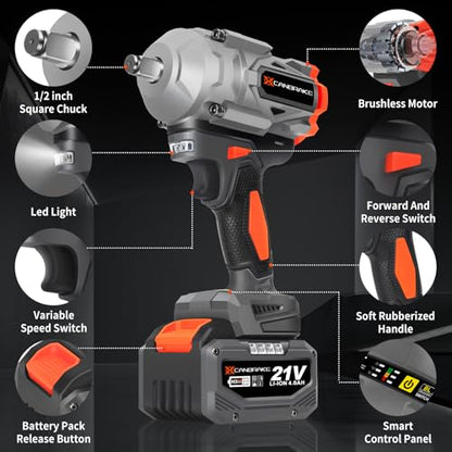 1400N.m Cordless Impact Wrench, 1/2' 21V Heavy Duty Brushless Impact Gun with 2 x 4.0Ah Battery & 5 Sockets, 3 Speeds Adjustment, 1050ft-lbs Electric Pistola Llave de Impacto for Car Truck Tires Mover