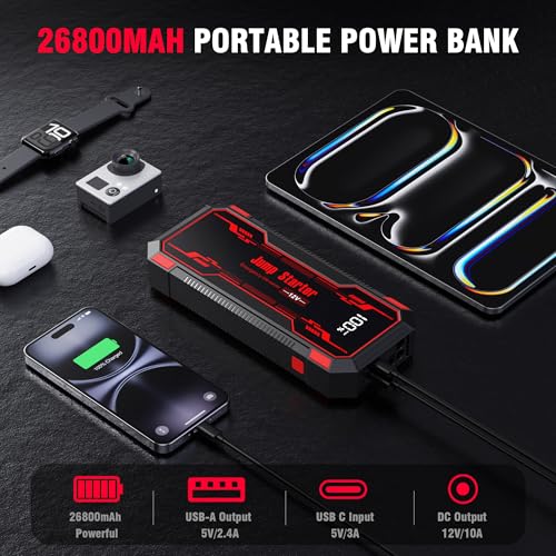 Car Jump Starter 6000A Car Battery Jump Starter Portable,12V Battery Jumper Starter Portable(10.0L Gas/8.0L Diesel),LCD Display Jump Box Jump Starter Battery Pack with Jumper Cables & Flashlight-Red - color: A-Red