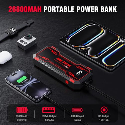 Car Jump Starter 6000A Car Battery Jump Starter Portable,12V Battery Jumper Starter Portable(10.0L Gas/8.0L Diesel),LCD Display Jump Box Jump Starter Battery Pack with Jumper Cables & Flashlight-Red - color: A-Red