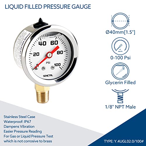 SENCTRL 0-100 Psi Fuel Pressure Gauge, 1-1/2" Dial Size, 1/8" NPT Lower Mount, Glycerin Liquid Filled, Stainless Steel Case, Inline Low Pressure Gauge, for Water Oil Air Pressure Test - size: 0-100 Psi, style: Lower Mount