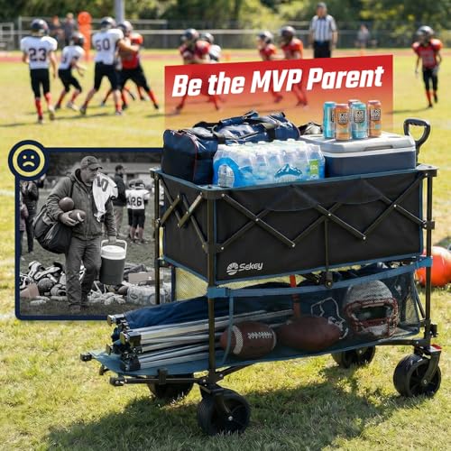 Sekey 500LBS Heavy Duty Double Decker Wagon with Extender, 400L Large Capacity Collapsible Garden Cart Fits 10x10 Canopy, All-Terrain Big Wheels with Brakes, Foldable Utility Wagon for Sports, Camping - color: Blue
