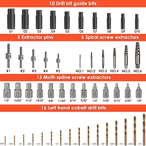 55-Piece Easy Out Screw Extractor Set with Broken Bolt Extractor Kit | for Seized, Broken Studs, Bolts, Socket Screws & Fittings, Cr-Mo Steel & HSS, with Left Hand Drill Bit Set, Storage Case